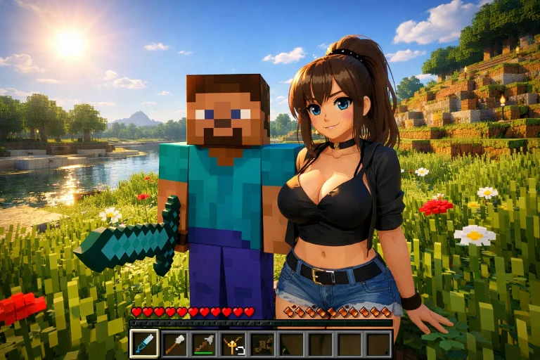 Jenny Mod character standing next to Minecraft player in overworld gameplay scene
