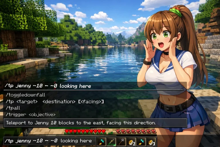 Minecraft player using Jenny Mod commands through in game chat interface