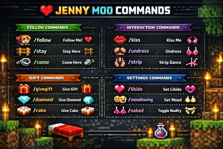 Infographic showing categorized Jenny Mod commands list in Minecraft theme